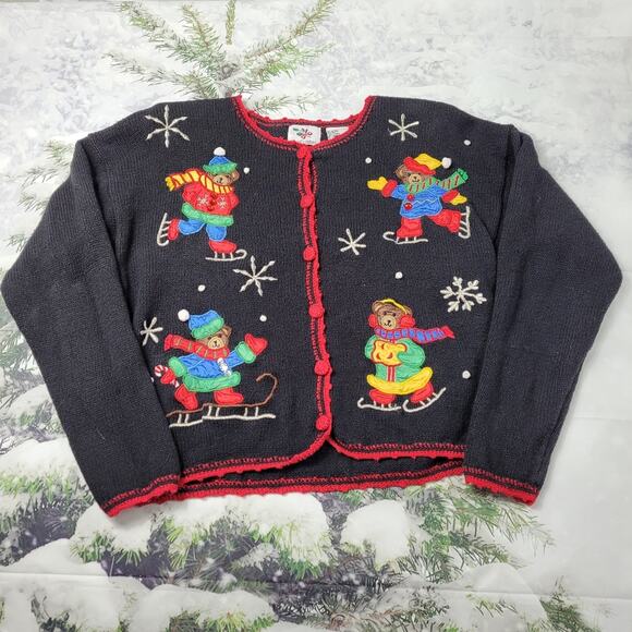 Vintage NutCracker Ice Skating Bears Embellished Black Cardigan size Medium - Picture 1 of 9